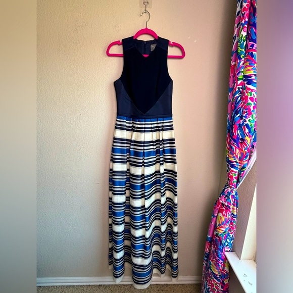 Theia Navy & White Nautical Stripe Jacquard Taffeta Full Skirt Formal Gown 4 - Picture 3 of 14